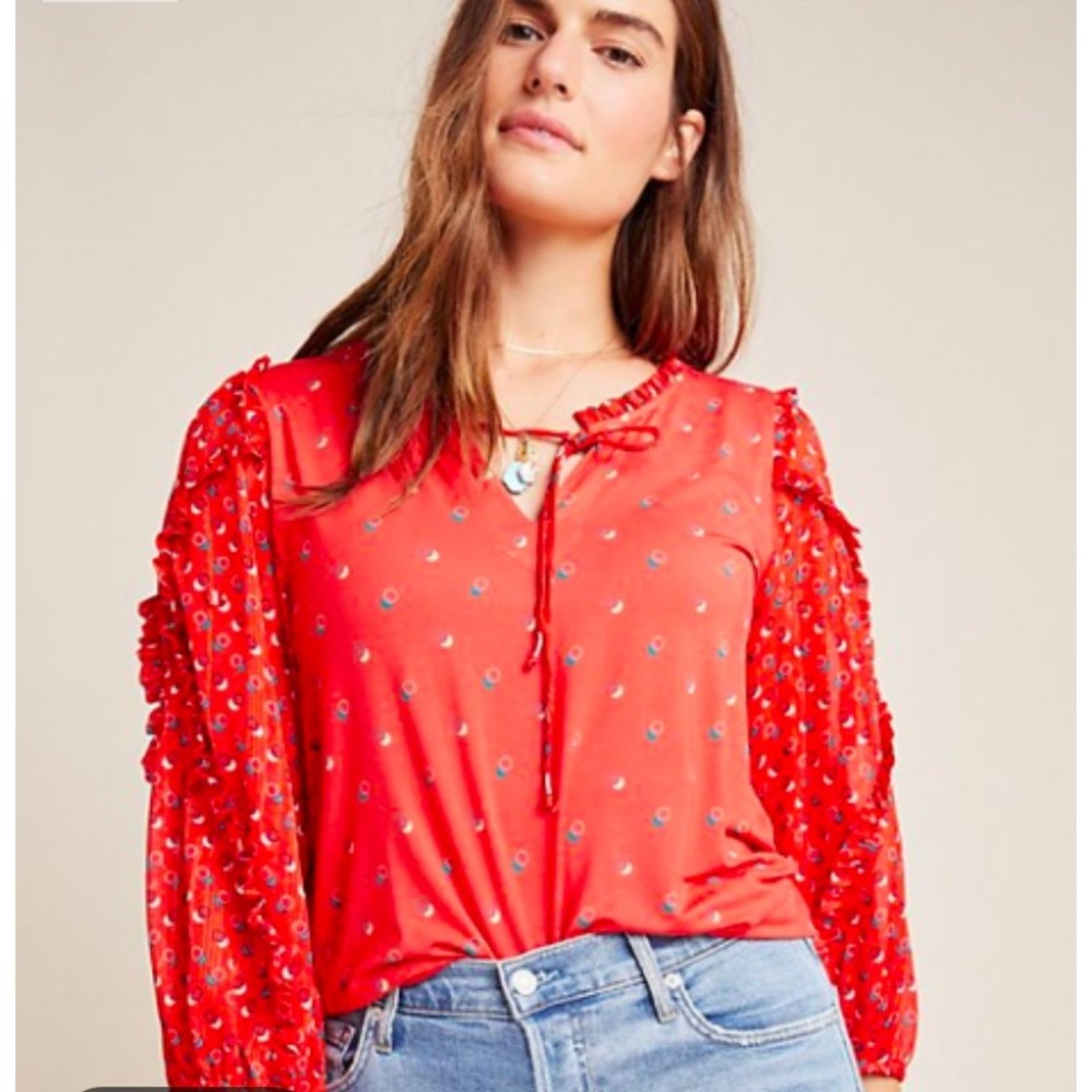 Maeve Anthropologie Jacquin Peasant Blouse Top Small Boho Ruffle Balloon‎ Sleeve